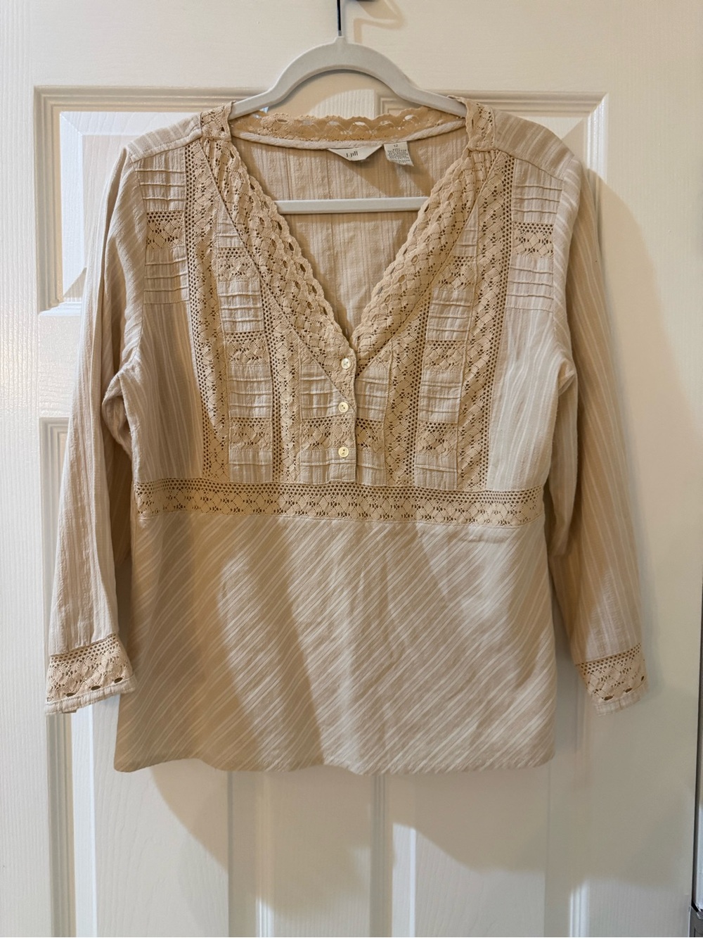 J. Jill Lace-Trim V-Neck Bohemian Tunic in Light Beige with Lace